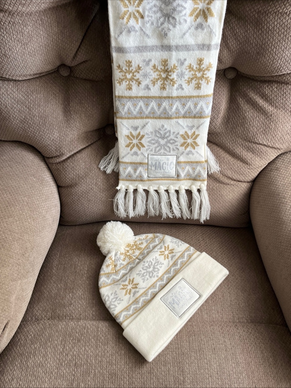 Disney parks winter is magic cream, Gold & silver Snowflake Scarf Pom Beanie Set
